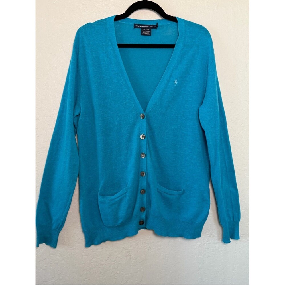 Ralph Lauren Sport Teal V-Neck Button Cardigan Cotton Linen XL Pony Logo Preppy - Picture 1 of 15